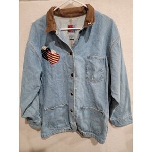 Vintage Sun Belt Denim Chore Jacket Medium‎ Americana Heart Patriotic Doily 90s